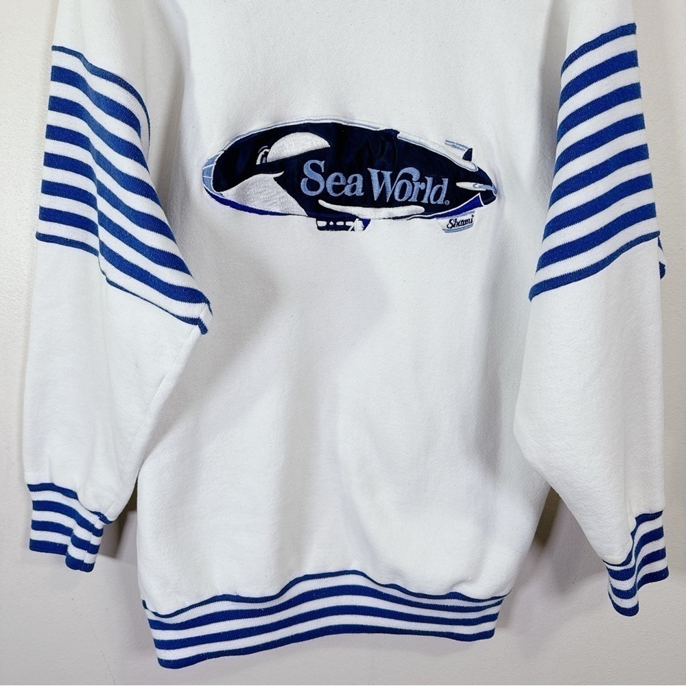 Jostens White Blue Striped Sea World Crew Neck Sweatshirt - Picture 6 of 16